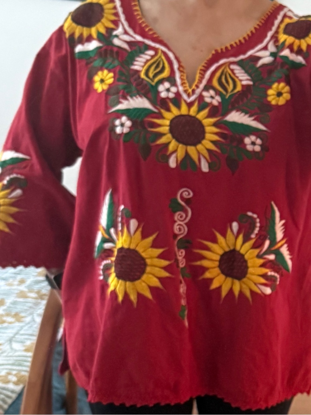 Women’s Sunflower Embroidered Red Long Sleeve Tunic Top - Picture 8 of 10